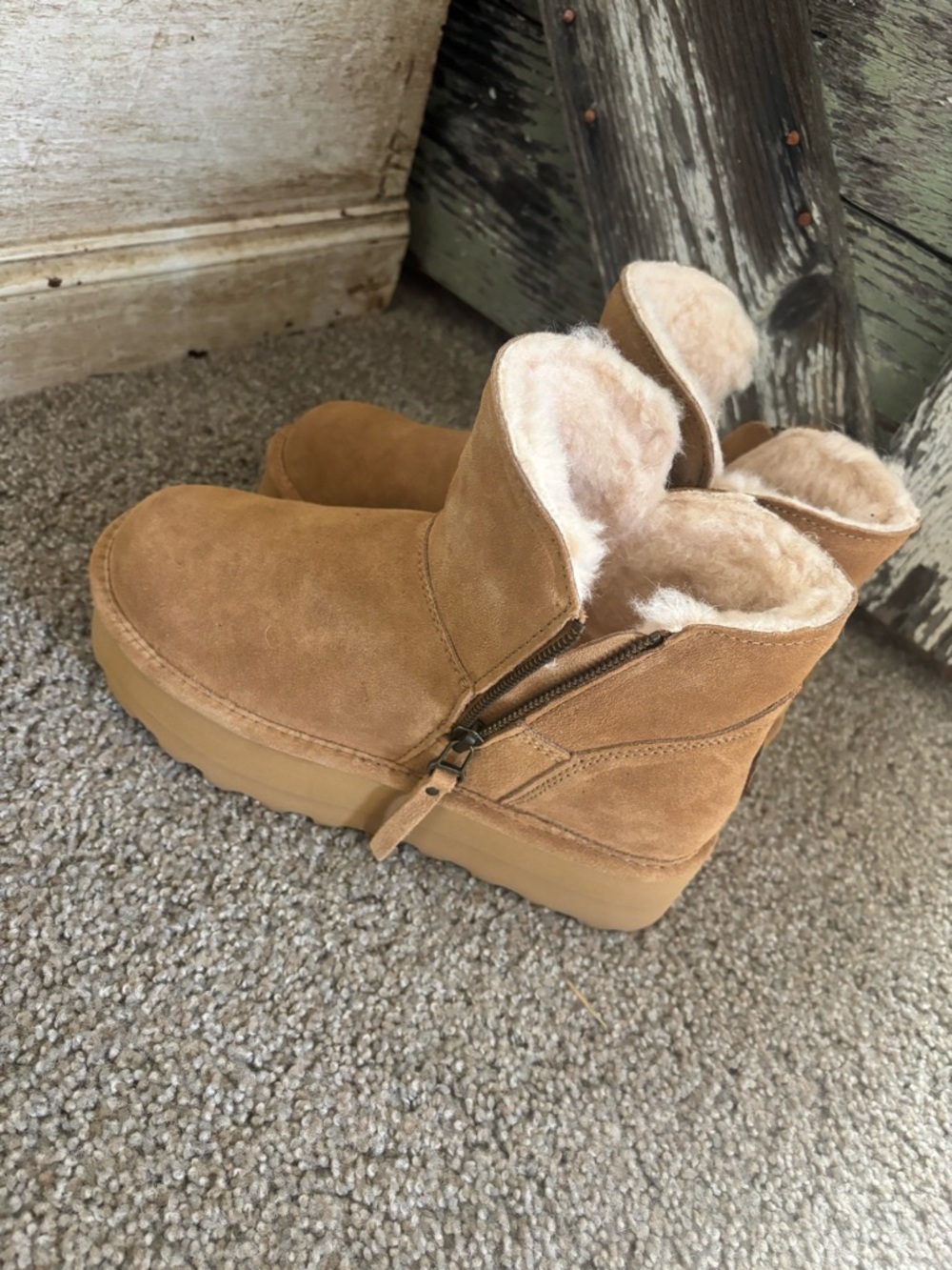BearPaw Tan Suede Shearling Zip-Up Ankle Booties